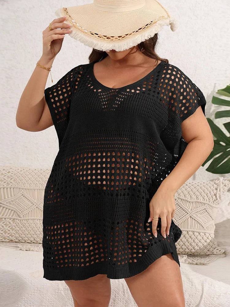 GIBSIE Plus Size Women Beach Dress Sexy Hollow Out Knit Bikini Cover Up Female Loose Tunic Beachwear Swimwear Cover-ups