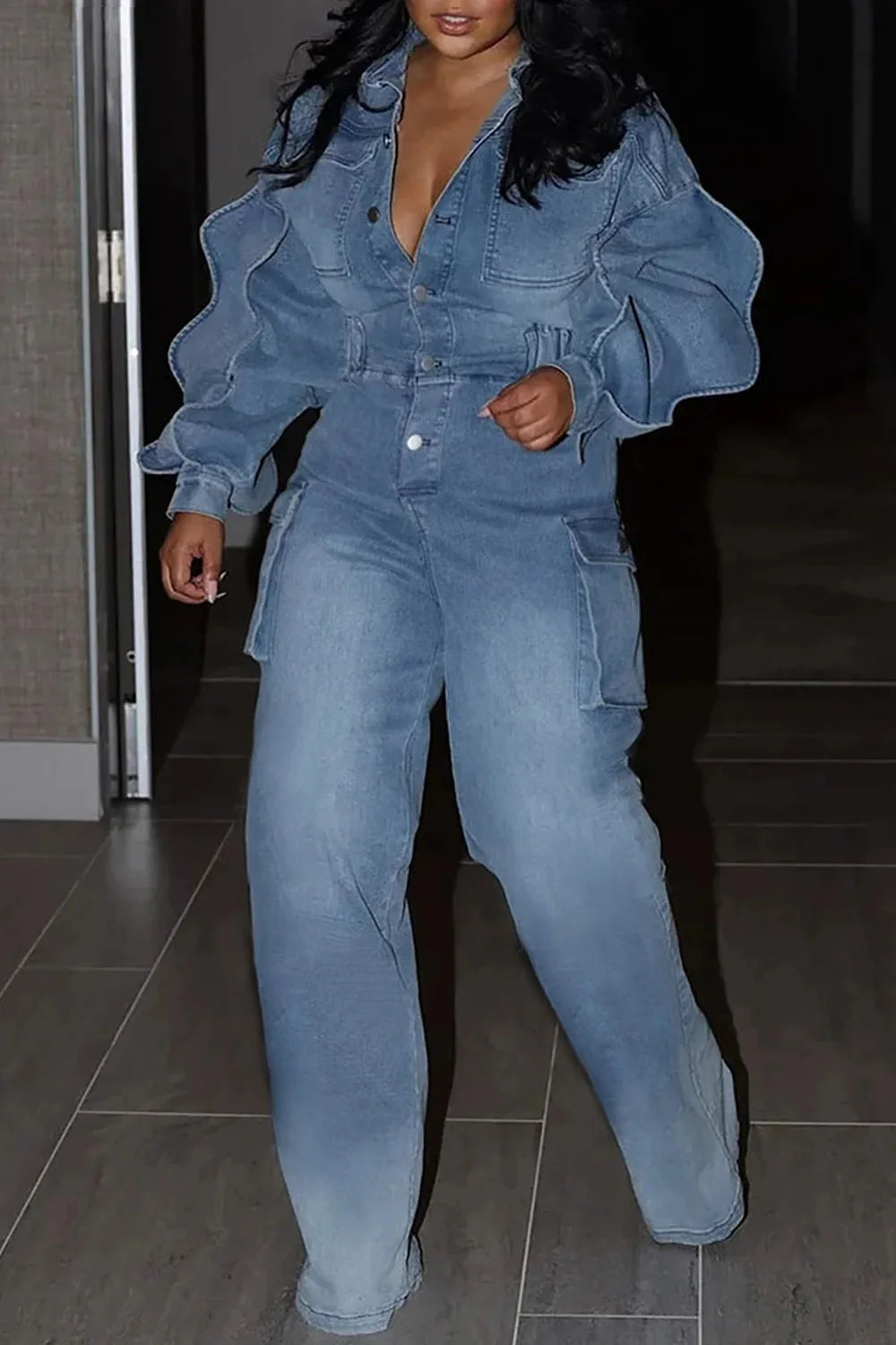 Women's Denim Cargo Jumpsuit Puff Sleeve Zipper Lantern Sleeve Jeans Harajuku Plus Size Casual Pockets Rompers Overall Outfit