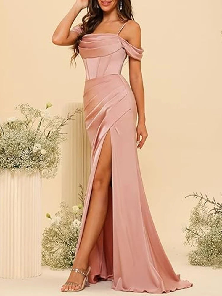 Off-the-shoulder Satin Bridesmaid Dresses Long Fishtail Waist Slit Slim Fit Evening Dress Women Formal Banquet Party Maxi Dress