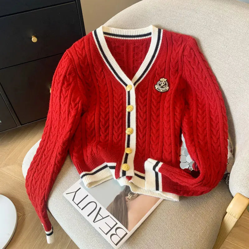 College Style V-neck Sweater Cardigan Women's Spring Autumn Retro Soft Waxy Lazy Style Short Fried Dough Twists Knitting Coat