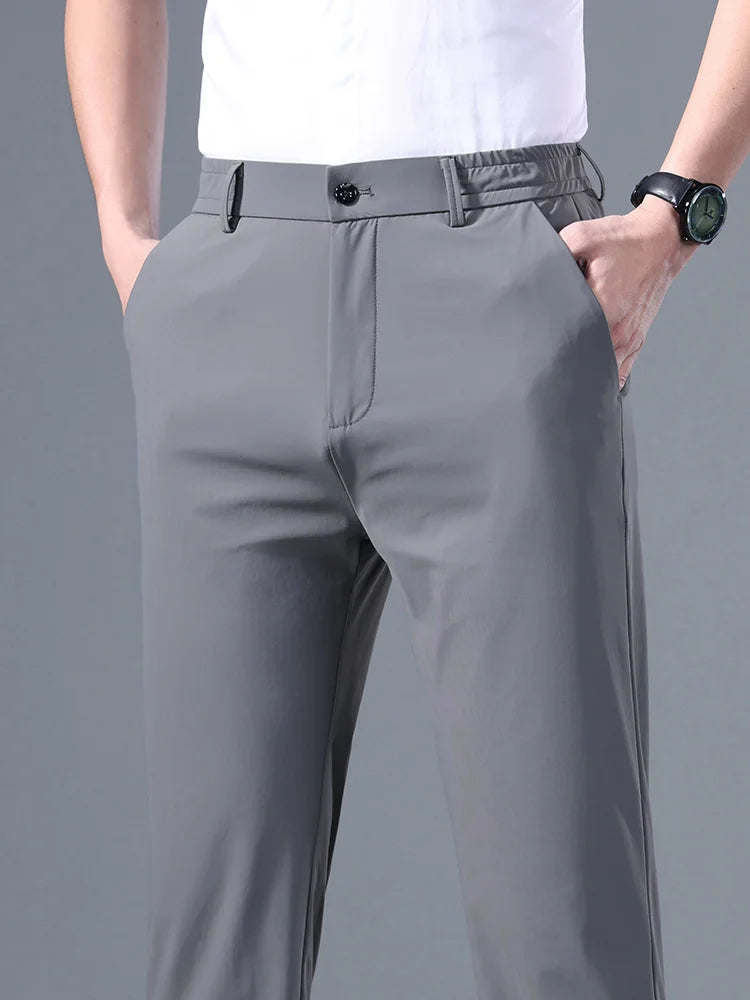 Summer Good Stretch Smooth Trousers Men Business Elastic Waist Korean Classic Thin Black Gray Blue Casual Suit Pants Male Brand