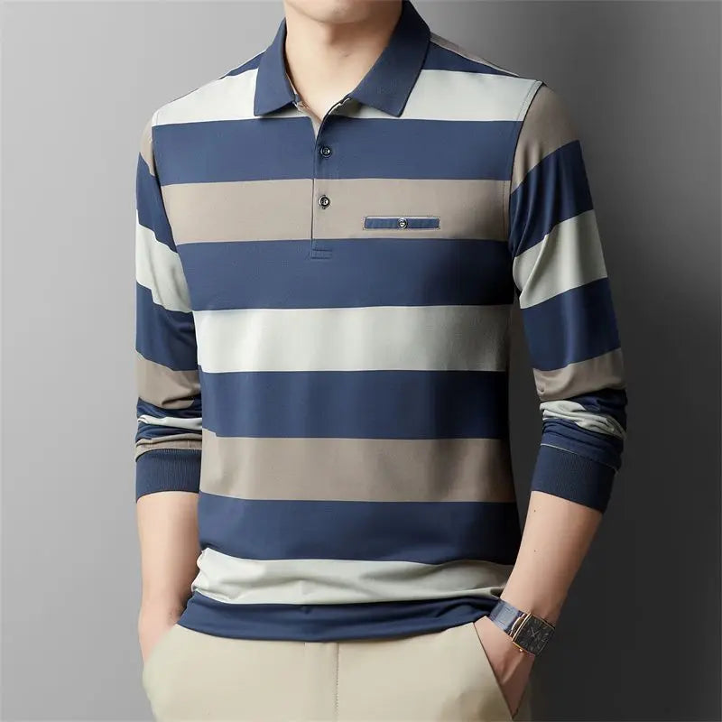 Fashion Male Clothes Polo-Neck Striped Shirt 2023 Spring Autumn New Button Spliced Casual All-match Long Sleeve T-shirt for Men