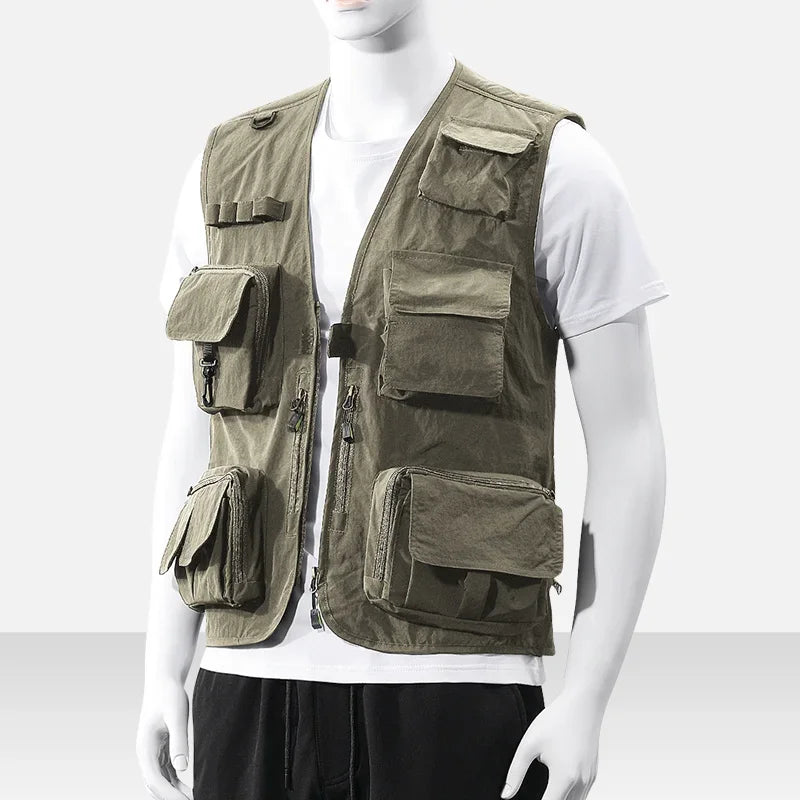 Sleeveless Jacket Leather Vests for Men Camping Vest Fishing MAN Multi-pocket Work Men's Formal Hunting Clothing Coat Luxury Zip