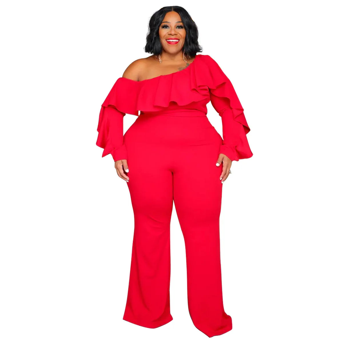 Plus Size Women Jumpsuit One Shoulder Long Sleeves Rufflea Wide Leg Pants Party Rompers 4XL 5XL Autumn Winter