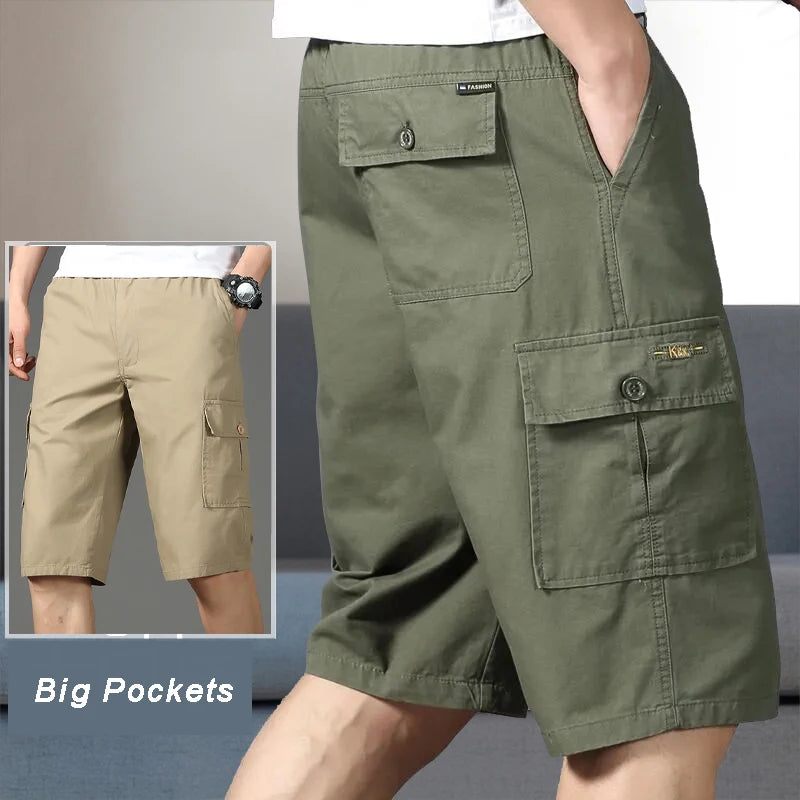 Mens Cotton Cargo Shorts Below Knee Lenth Summer Elastic Waist Sweatpants Hiking Running Bermuda Shorts Gym Below Knee Shorts