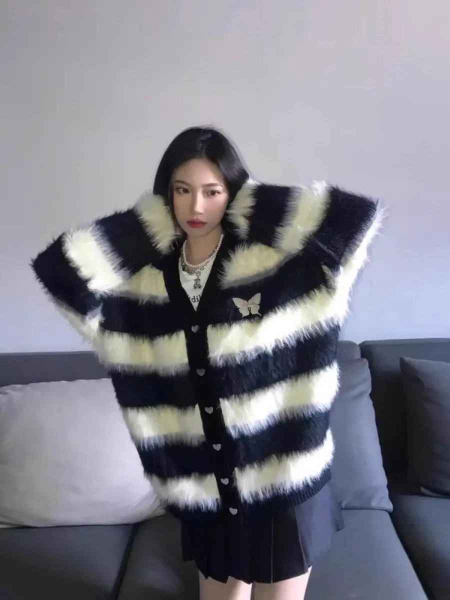 Mink Fleece Cardigan Sweater Jacket for Women with a Black and White Striped Soft and Lazy Knit Top