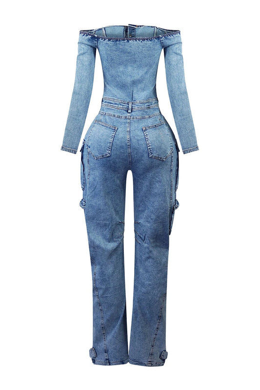 Plus Size Daily Blue Off The Shoulder Long Sleeve Pocket Cargo Denim Jumpsuits