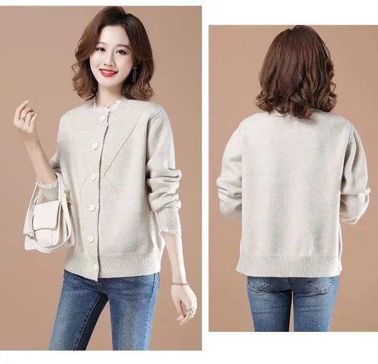 New Round Neck Lace Border Outer Knitted Sweater Loose Jacket Women's Top Cardigan Women