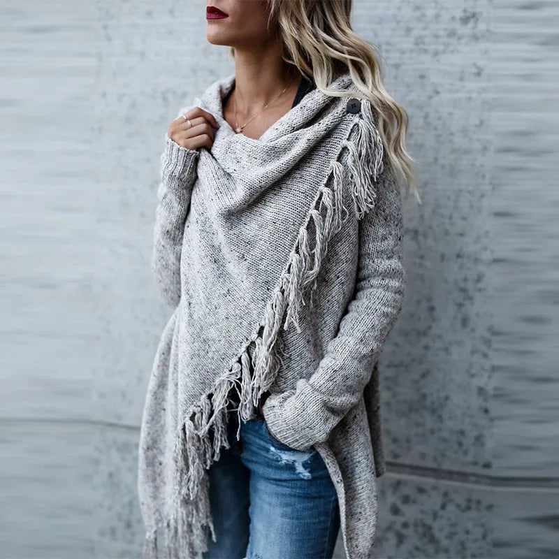 Women's Warm Knitted Sweater, Winter Cardigan Long Sleeve Tassel Fringe Shawl Poncho Oversized Cardigan