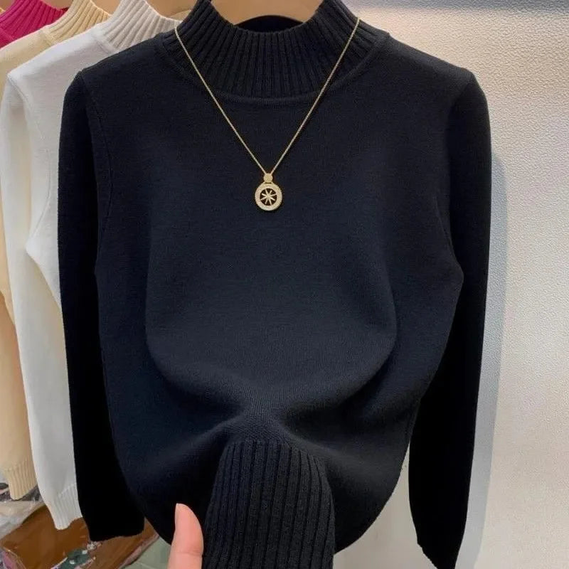 2024 Autumn Women Pullover Sweater Fashion Half Turtleneck Knitted Female Jumper Long Sleeve Winter Black Soft Elastic Blouse