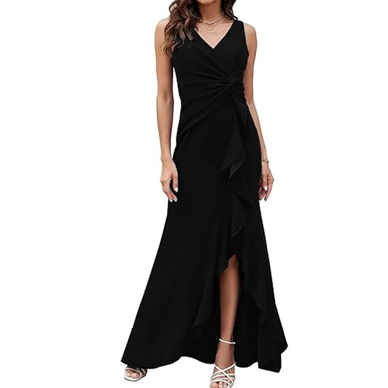 Elegant V-Neck Party Maxi Dress Women Fashion Sleeveless Ruffle Split Gown Prom Dress Ladies Slim Fit Tie Up Bodycon Gala Dress