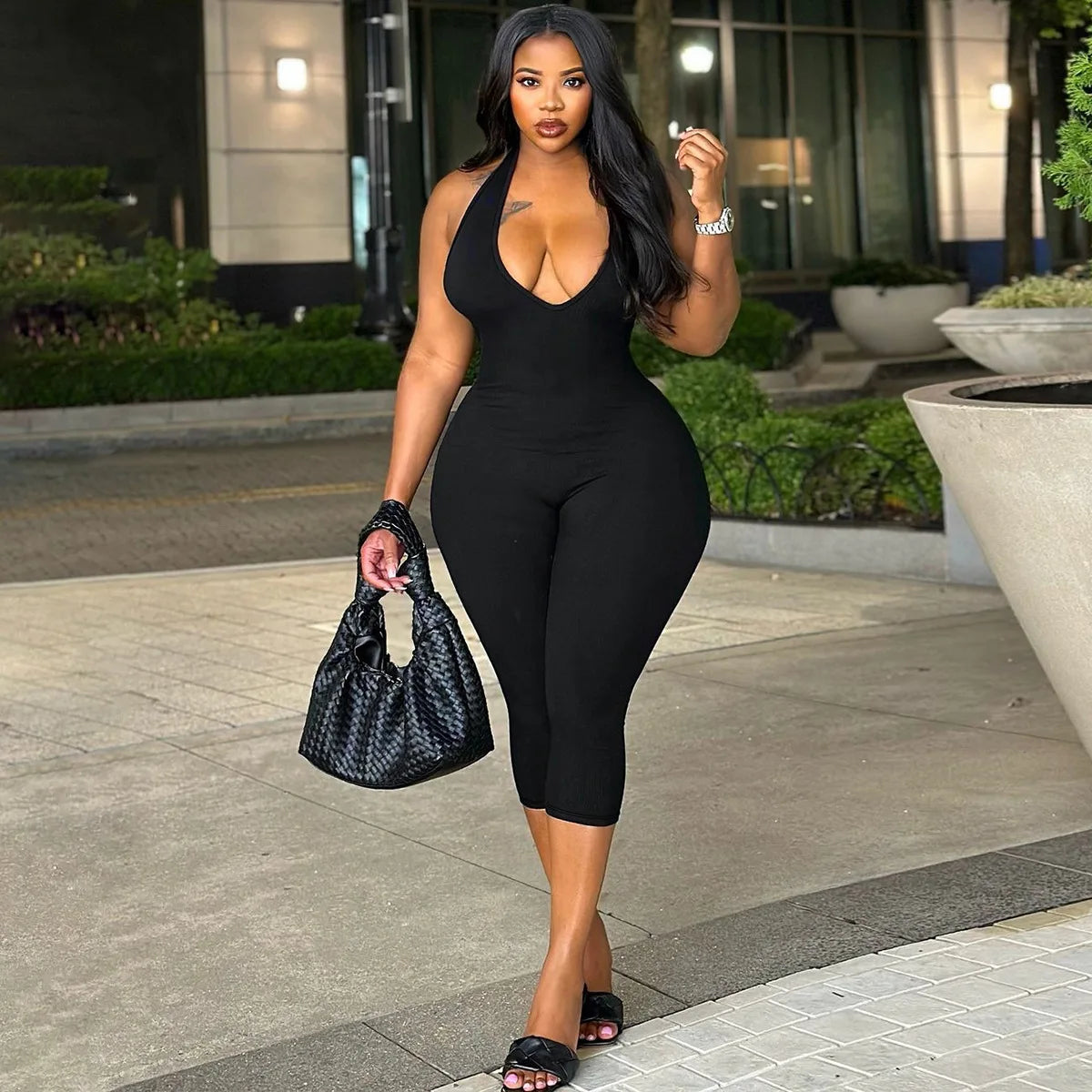 Plus Size Halter Solid Jumpsuit Female Casual V Neck Elegant Cloth Women One Piece Outfit 2024 Autumn Fashion Bodycon Jumpsuits