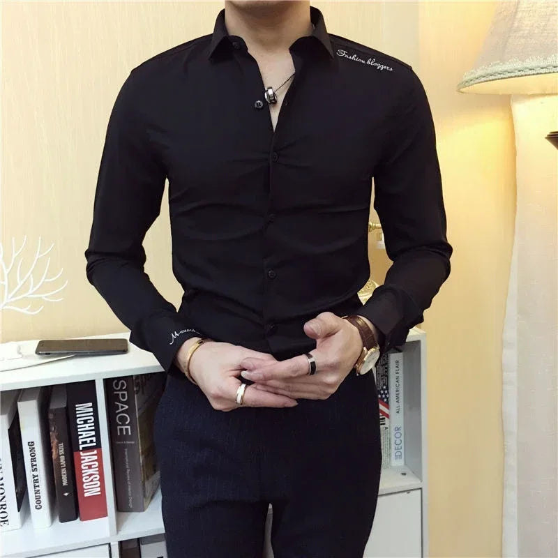 Shirts and Blouses for Men Plain Long Sleeve Clothing Muscle Man Tops Business Dress Shirt Black with Collar Slim Fit Asia S Xxl