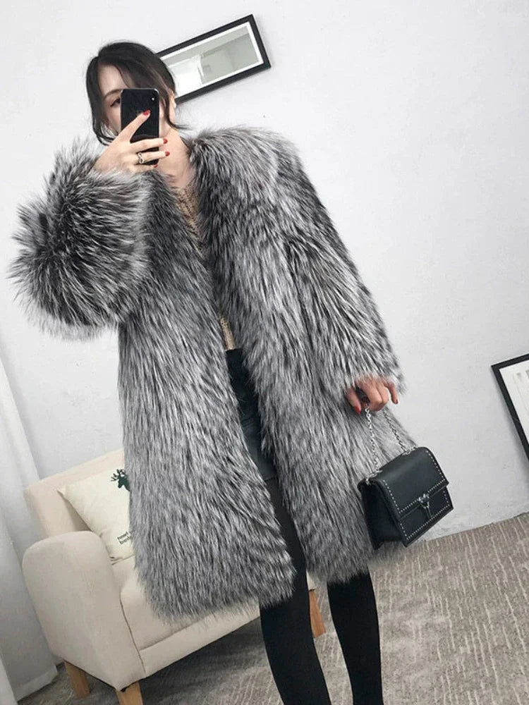 Women Warm Faux Fox Fur Coat Autumn Winter Leisure Long Jacket Windbreaker Thick Fluffy Luxury Bontjas Warm Parkas Outerwear