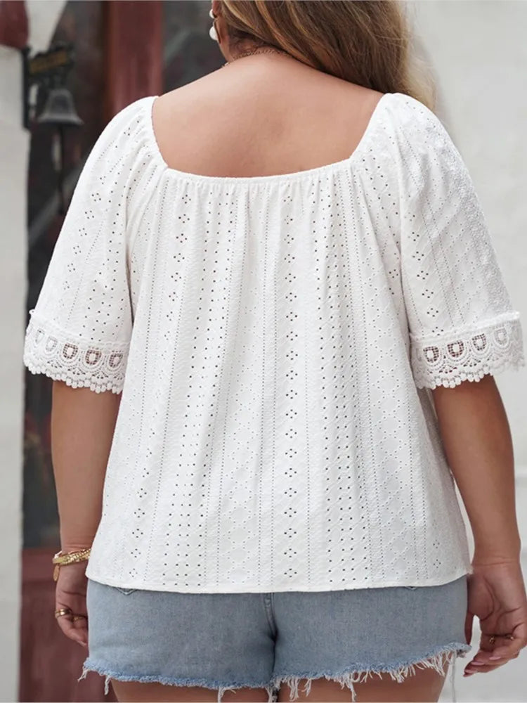 Plus Size Summer Hollow Out Patchwork Tops Women Square Collar Loose Pleated Ladies Cropped Blouses Casual Fashion Woman Tops