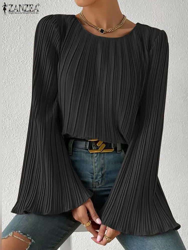 ZANZEA Long Flare Sleeve Blouse Elegant OL Women Autumn Pleated Tops 2023 Fashion Casual Solid Color Shirts Office Ladies Blusas