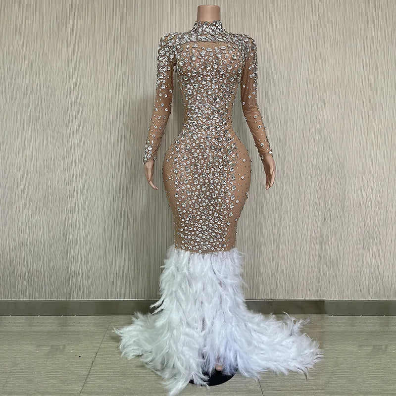 New Sparkling Wedding Dress Feather Long Dress Celebrating Luxury Costume Dancer Flash Dress Party Birthday Photography Dress