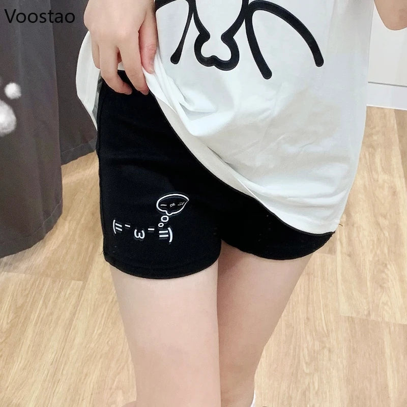 Japanese Harajuku Cotton Shorts Women Black Casual Short Pants Cute Print Korean Style Kawaii Fashion Y2K Summer