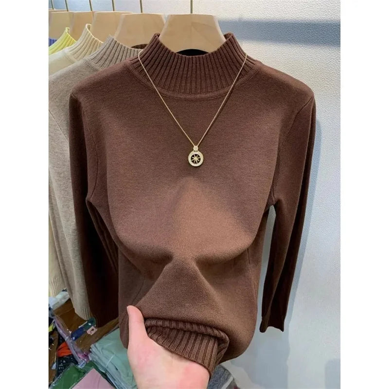 2024 Autumn Women Pullover Sweater Fashion Half Turtleneck Knitted Female Jumper Long Sleeve Winter Black Soft Elastic Blouse