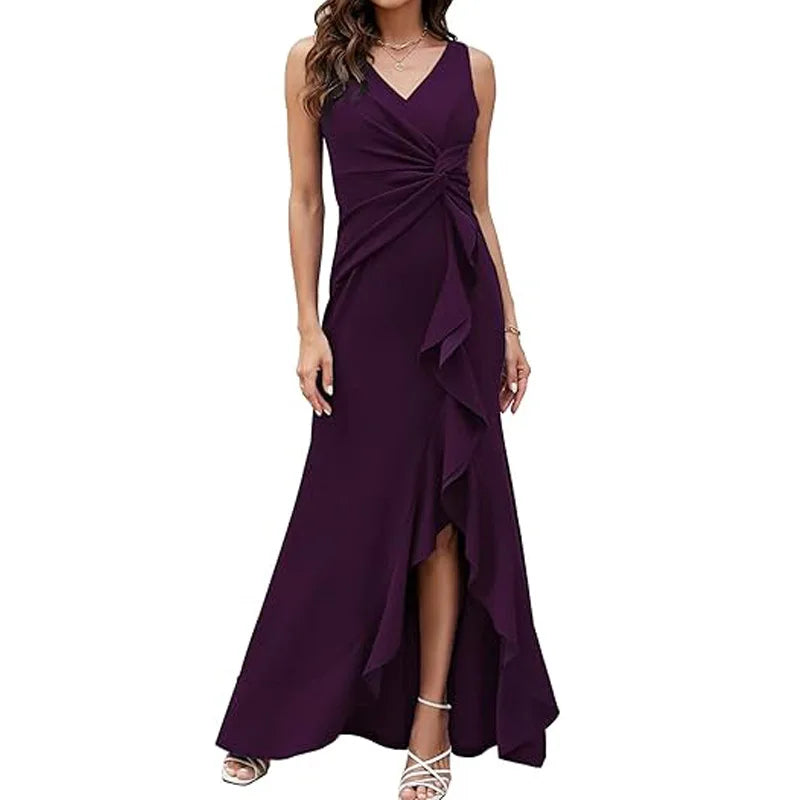 Elegant V-Neck Party Maxi Dress Women Fashion Sleeveless Ruffle Split Gown Prom Dress Ladies Slim Fit Tie Up Bodycon Gala Dress