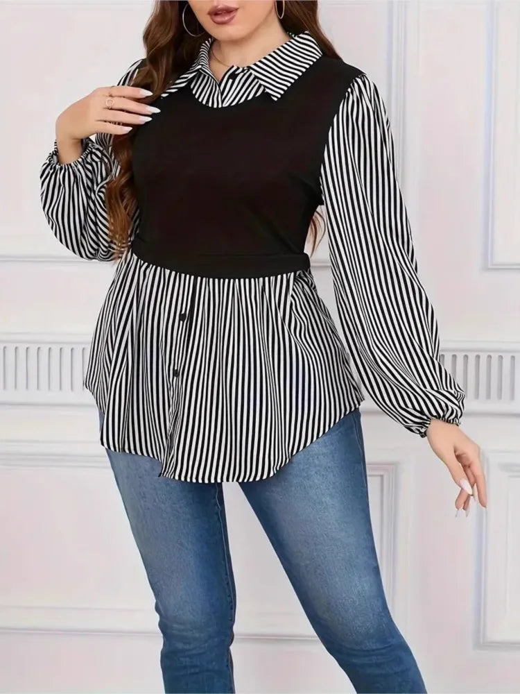 Plus Size Autumn Striped Print Patchwork Pullover Tops Women Casual Fashion Ladies Blouses Loose Long Sleeve Woman Tops