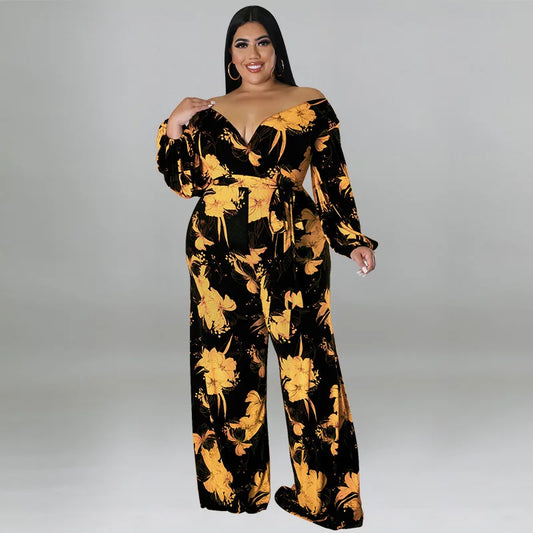 Plus Size Floral Print Jumpsuit Female Casual Loose Elegant Clothing Women One Piece Outfit 2023 Autumn Fashion Wide Leg Pants