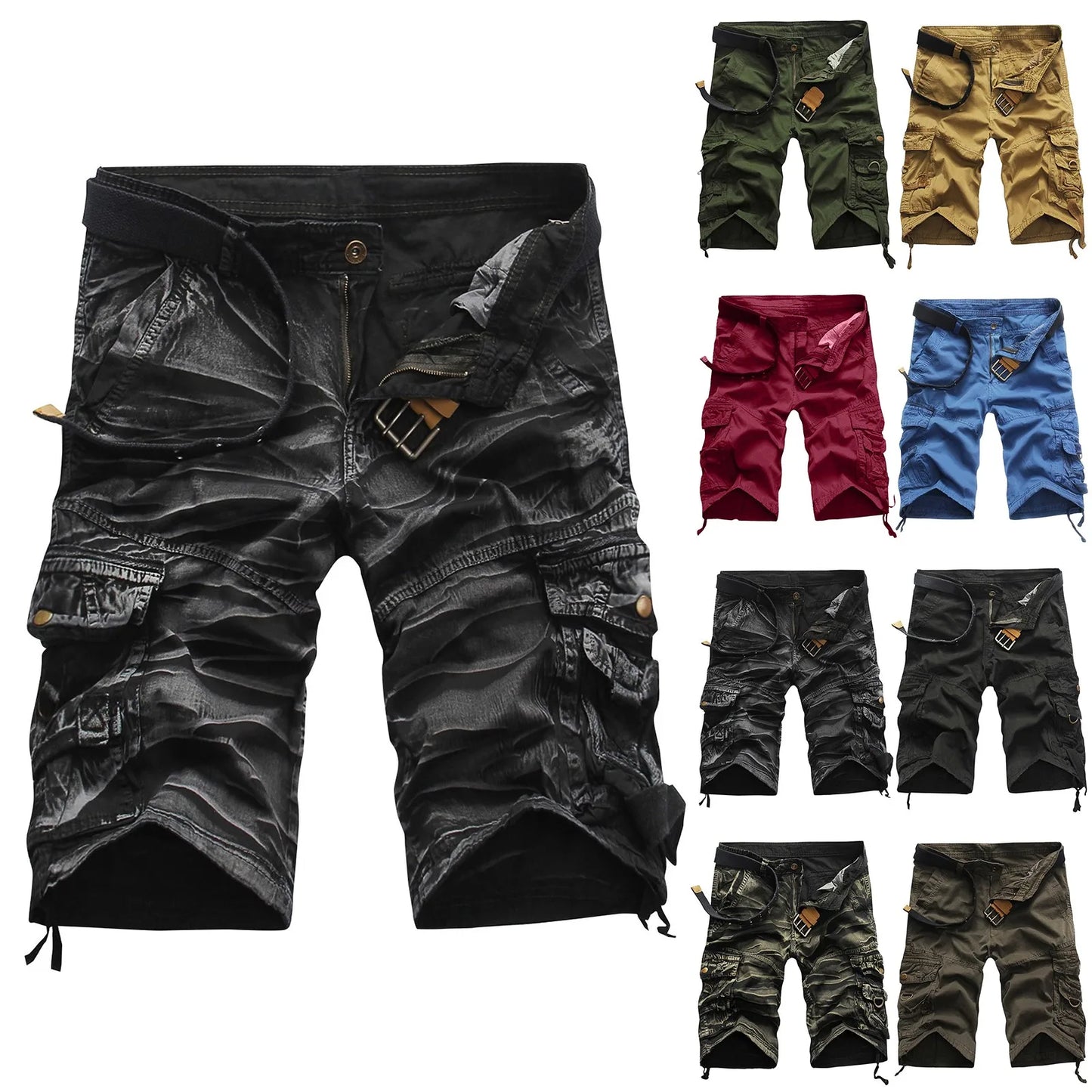 Men'S Summer Cargo Shorts Men'S Multi-Pocket Shorts Solid Color Casual Fashion Cargo Shorts (Without Belt) Ropa Hombre