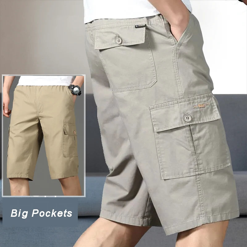 Mens Cotton Cargo Shorts Below Knee Lenth Summer Elastic Waist Sweatpants Hiking Running Bermuda Shorts Gym Below Knee Shorts