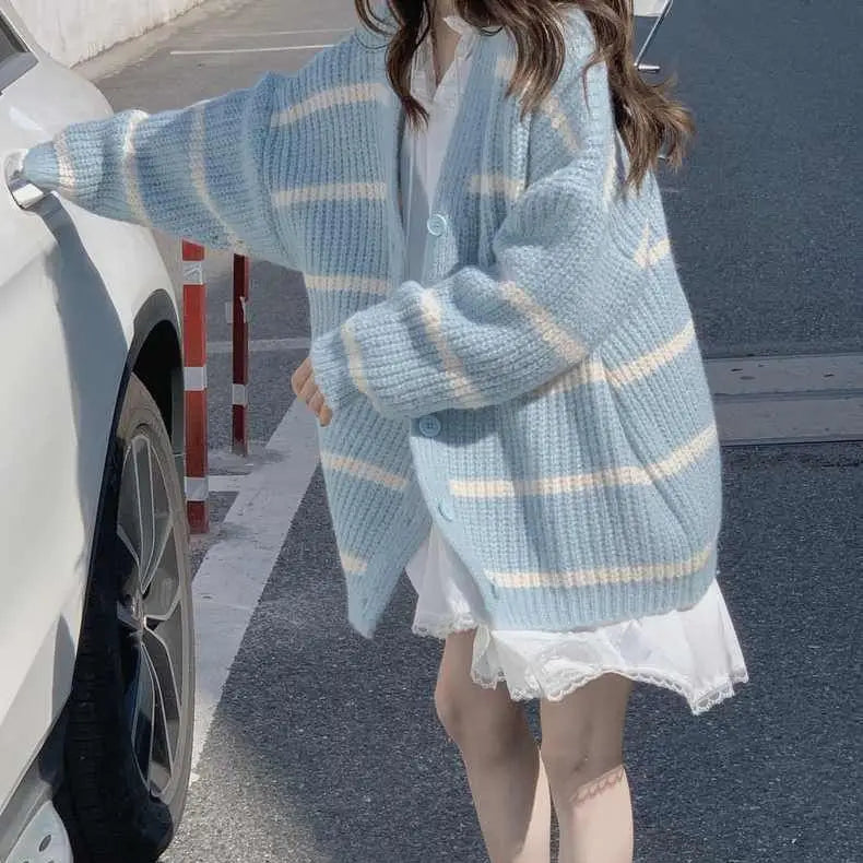 Korean Version Versatile Striped Cardigan Sweater Jacket for Women's Lazy Style Cardigan Long Sleeved Knitted Top