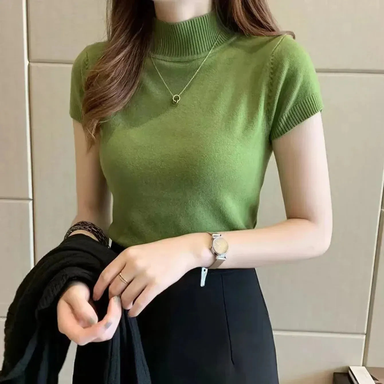 Women's Half-High Neck T-Shirt Fashion Jumper Casual Tops Korean Style Elegant Solid-Coloured Clothing Spring And Summer Season