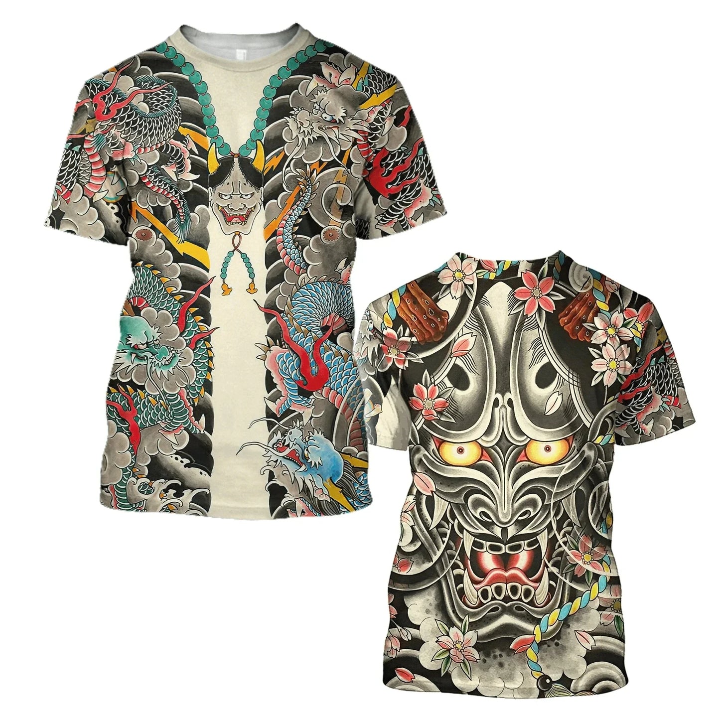 Men's Summer Fashion Samurai Tattoo Pattern Casual Harajuku Streetwear 3D Print Hip Hop Round Neck T-shirts