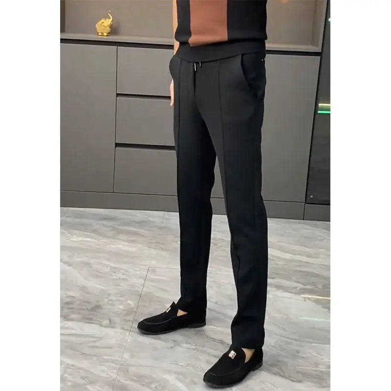 Simplicity Trend Spring Autumn Suit Pants Men Solid Pockets Zipper Smart Casual Office Social Slim Bound Feet Straight Trousers