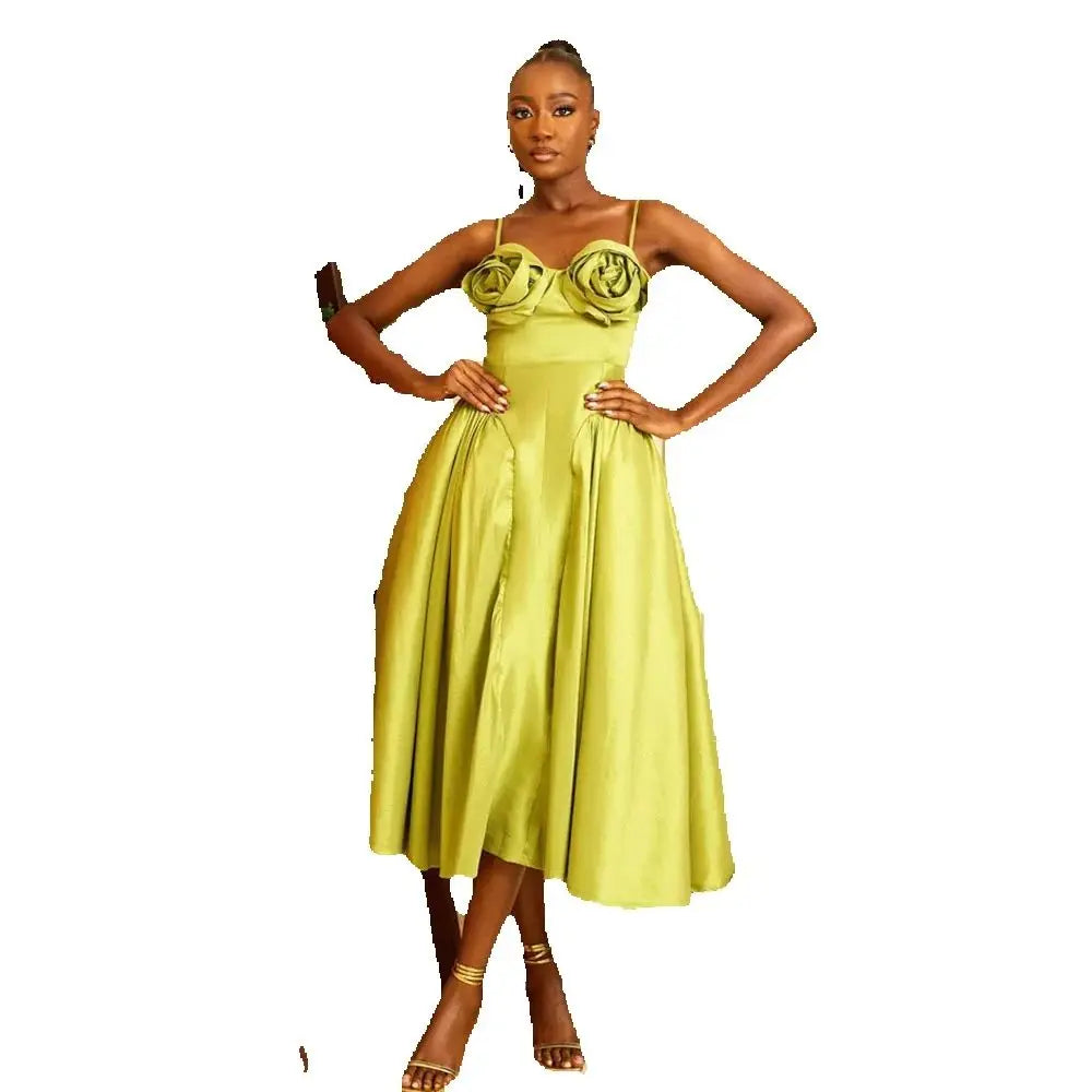 SERENDIPIDTY Straps Light Yellow Midi Length Knee Length A-line Satin Dress With Flowers Open Back Ever Pretty Prom Dresses