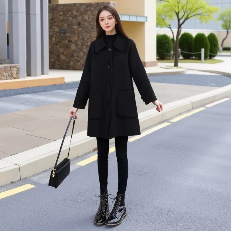 150Kg Plus Size Women's Bust 157 Spring Autumn Loose Woolen Trench Coat Black 5XL 6XL 7XL 8XL 9XL