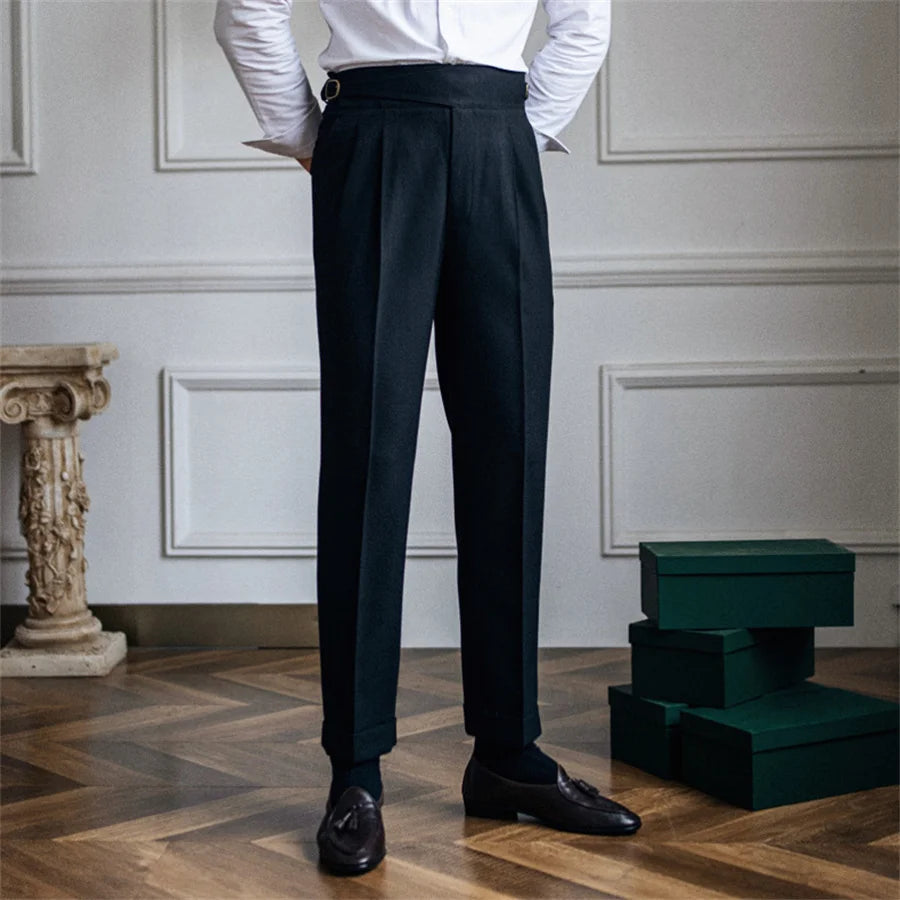 Men Solid Color Suit Trousers Spring Trendy Belt High Waist Pants Male Business Office Fashion Pleated Straight Pants Streetwear