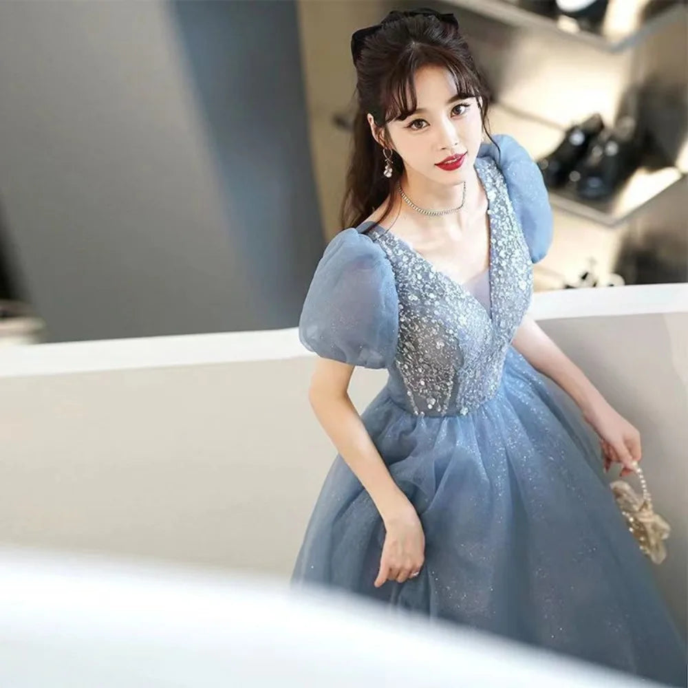 Puff Sleeve Long Prom Evening Dress for Women Mesh Party Formal Host Princess Evening Dresses Woman Elegant Glitter Party Gown