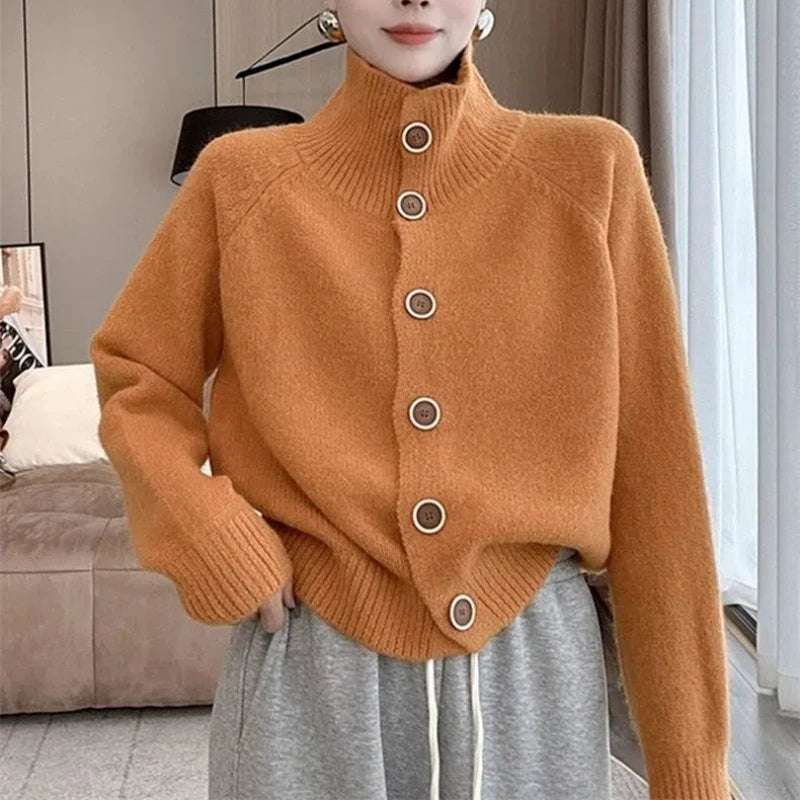 Korean Fashion Autumn Sweaters Coats Women Turtleneck Single Breasted Lazy Wind Casual Loose Long Sleeve Cardigan Knitted Tops