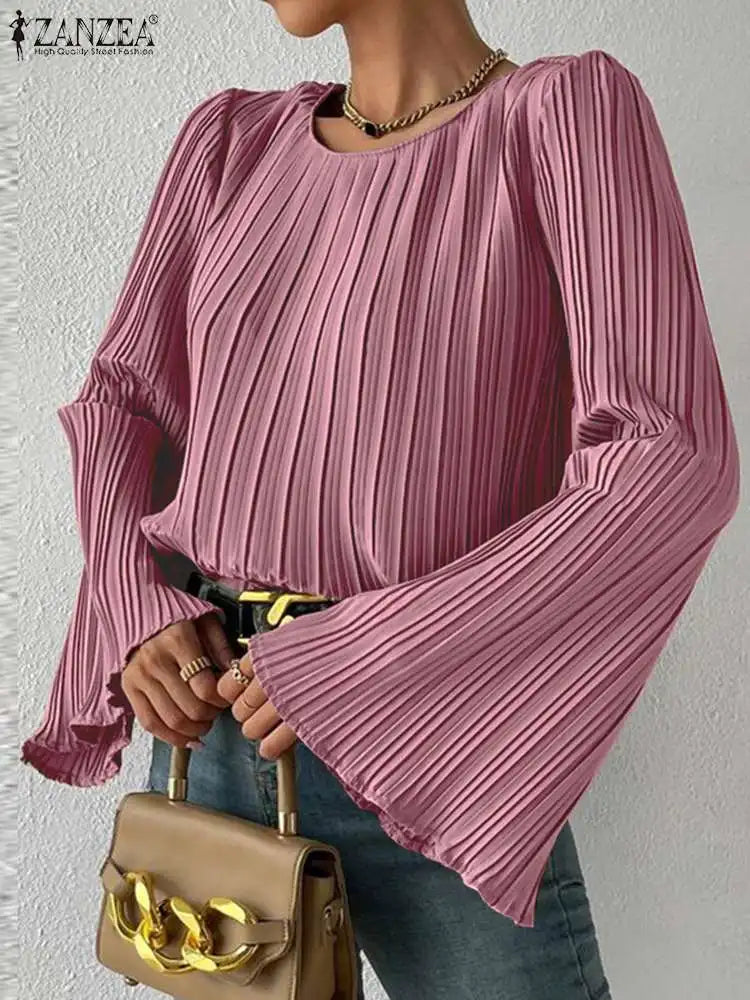 ZANZEA Long Flare Sleeve Blouse Elegant OL Women Autumn Pleated Tops 2023 Fashion Casual Solid Color Shirts Office Ladies Blusas