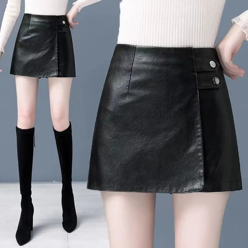 Fashion All-match Solid Color Shorts Patchwork Skirt Women's Clothing Autumn Casual Commute High Waist Leather Skirts for Female