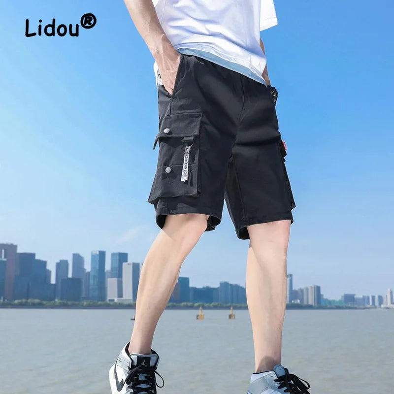 Summer Solid Color Multiple Pockets Zip Fastener Men's Cargo Shorts New Loose Street Casual Straight Cylinder Tide Male Short