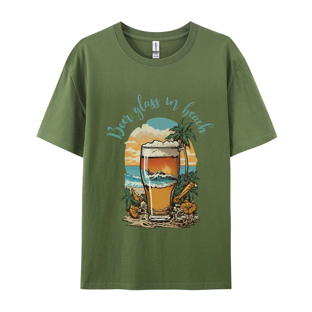 Beer Glass In Beach Women’s Graphic Tee Summer Vacation T-Shirt Beers Lover Shirt Oktoberfest Tshirts Women’s Clothes Top Tees