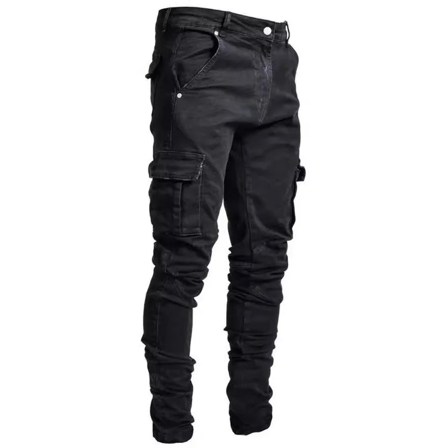 Stylish Tide Brand Men Cargo Narrow Leg Denim Pants Elastic Slim Fit Jeans Solid Color Multi Pockets Casual Skinny Male Trousers