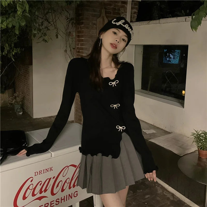 Hot Selling Women's Sweater Black Side Split Fungus Edge Bow Outcoat Knitted Cardigan Pullovers Long Sleeves Women's Clothing