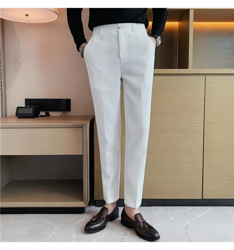 Korean Spring New Pantalones High Waist Waffle Business Casual Suit Pants for Men Clothing Slim Fit Formal Wear Trousers Y2k