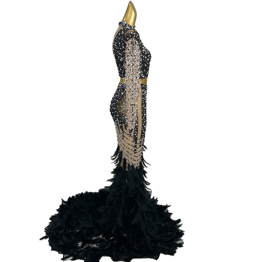 Customized Black Feather Mermaid Prom Dress for Black Girls High Stretch Diamonds Crystals Beaded Birthday Party Gown Fentiyumao