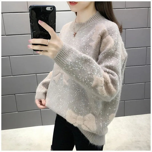 Loose Pullover Women Sweater Long-sleeve Thick Warm Sweaters 2025 Autumn Winter Fashion Bow Imitation Mink Velvet Tops Female