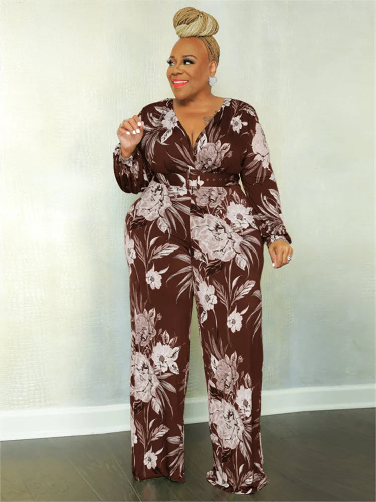 Wmstar Plus Size Romper Women with Belt Flower Print Long Sleeve Wide Leg Office Lady New Fall Jumpsuit Wholesale Dropshipping