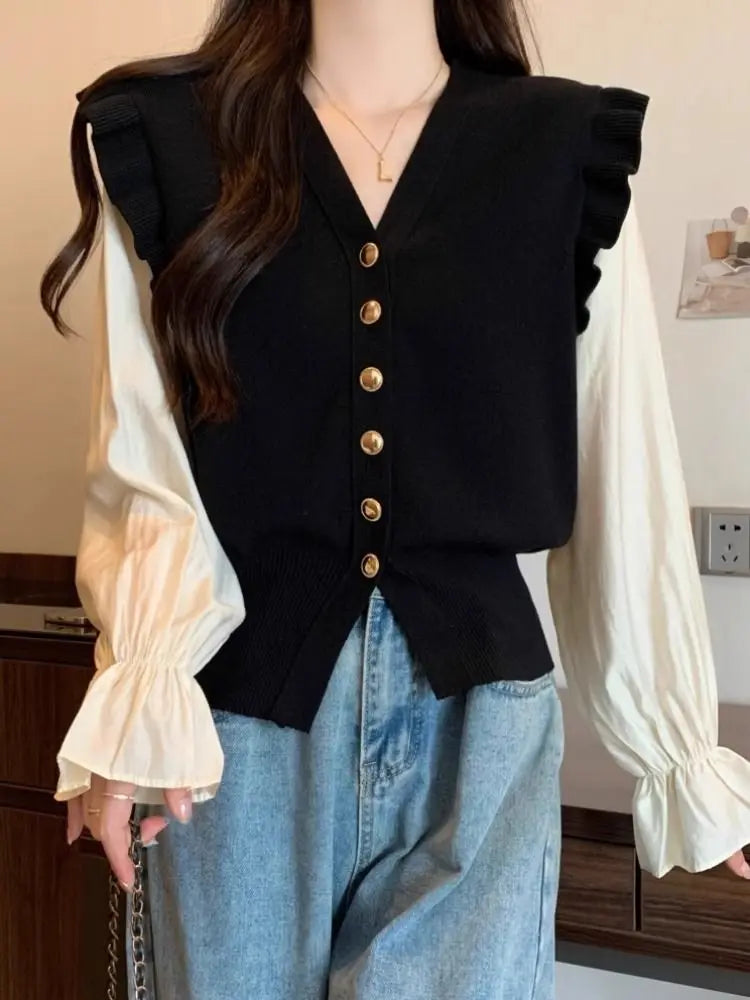 Top Women's Ruffled V-neck Knitted Sweater Retro Chiffon Sleeve Patchwork Bubble Sleeve Fake Two-piece Long Sleeved Cardigan