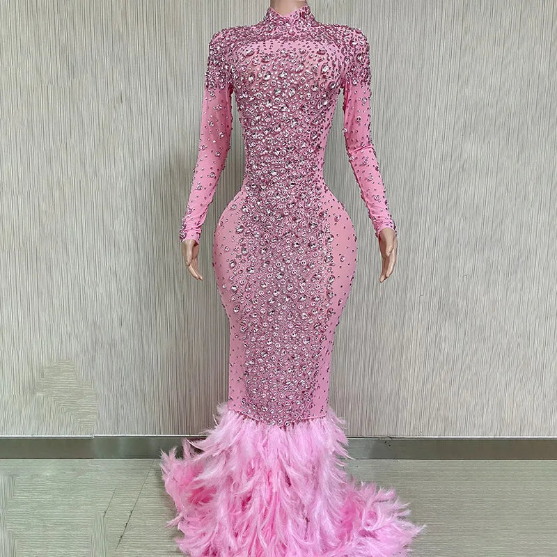 New Sparkling Wedding Dress Feather Long Dress Celebrating Luxury Costume Dancer Flash Dress Party Birthday Photography Dress