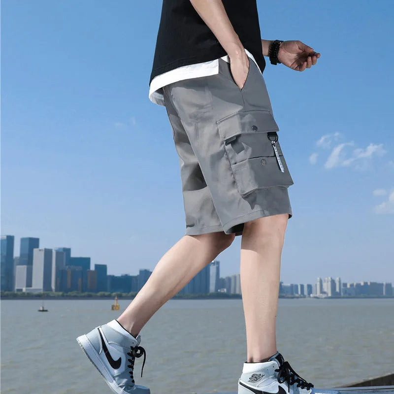 Summer Solid Color Multiple Pockets Zip Fastener Men's Cargo Shorts New Loose Street Casual Straight Cylinder Tide Male Short